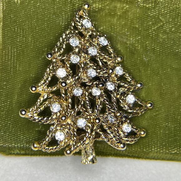 Vintage Christmas Tree Brooch Pin Jeanne Signed Gold Rope Rhinestone MCM 50s - Picture 5 of 8